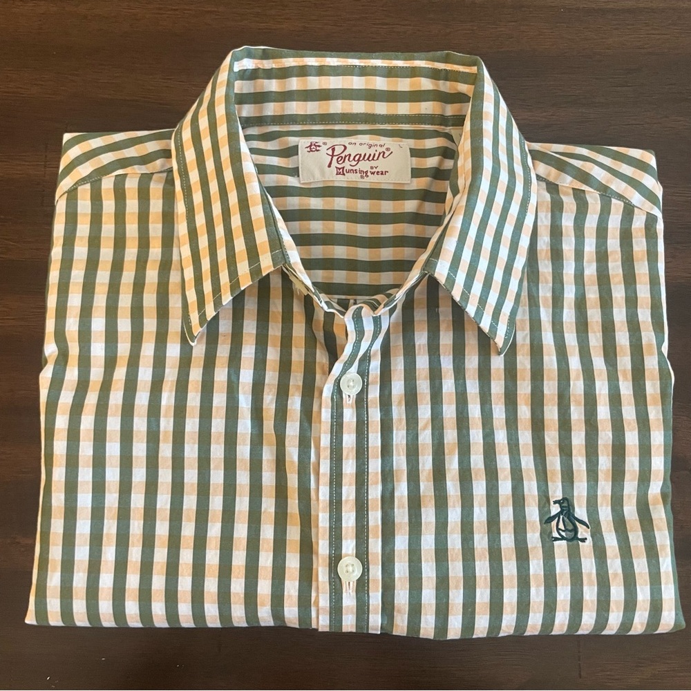 Penguin Green & Orange Check Short Sleeve Button Down Shirt
